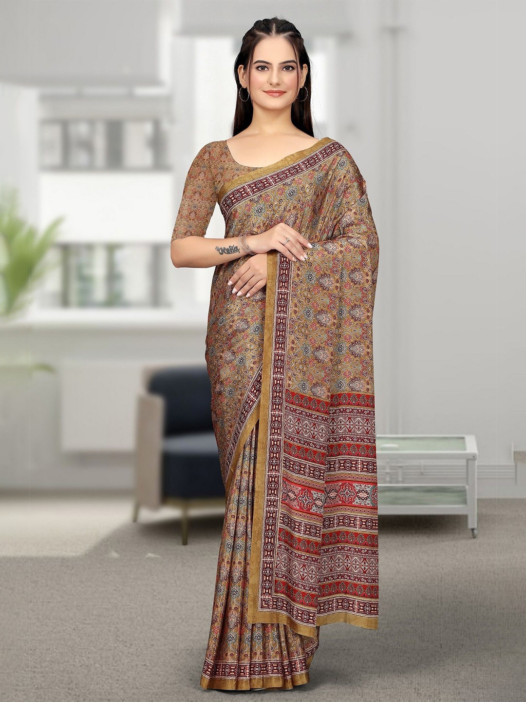 

K 5 Fashion Ethnic Motifs Printed Pure Crepe Saree, Brown