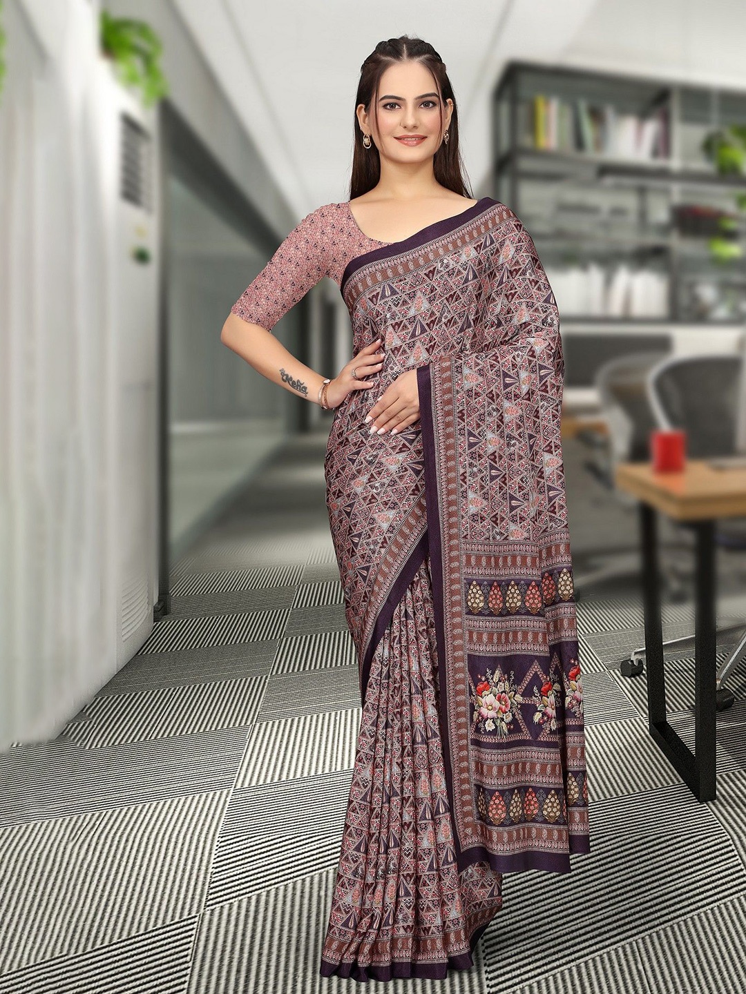 

K 5 Fashion Ethnic Motifs Printed Pure Crepe Saree, Purple