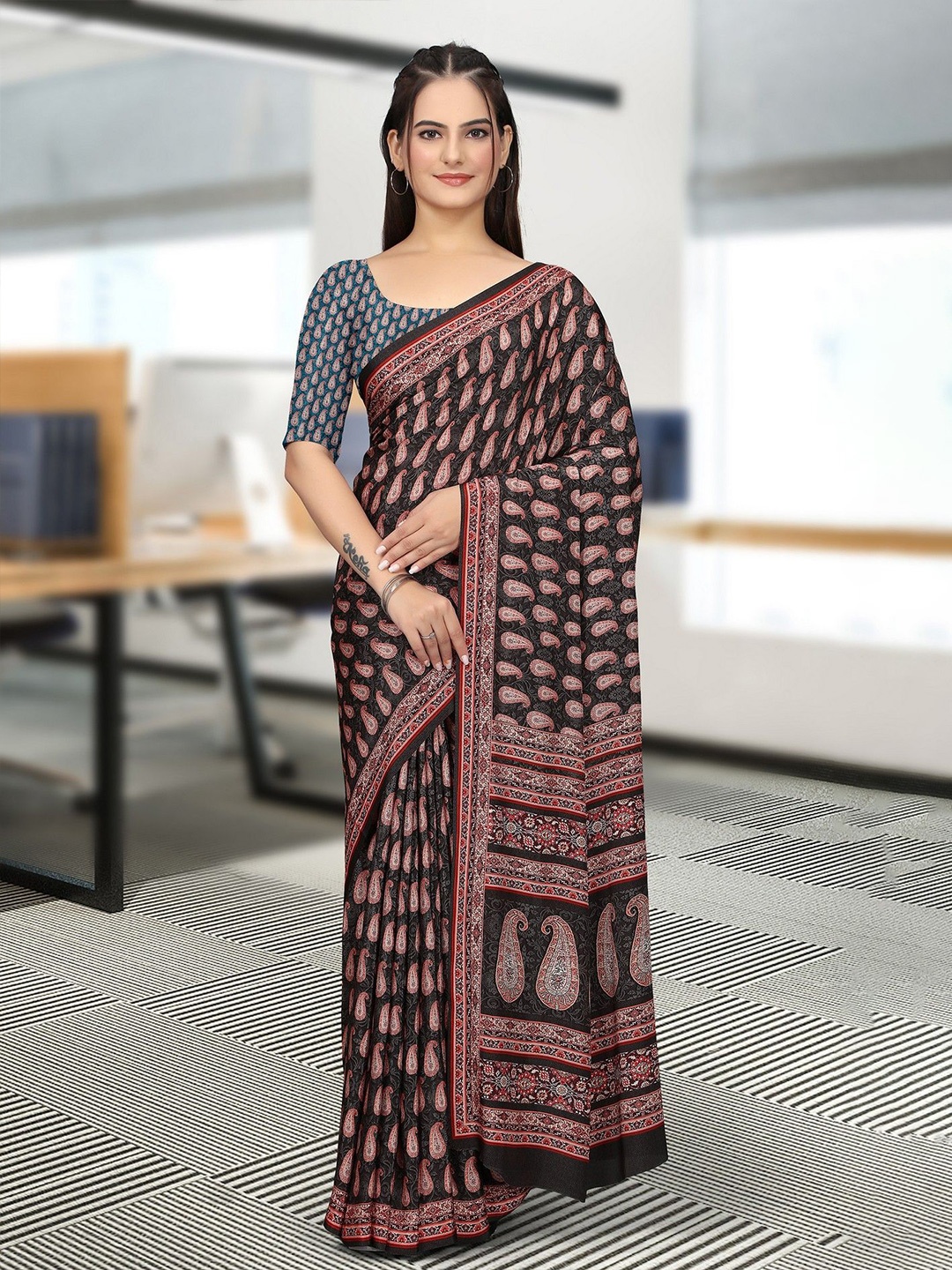 

K 5 Fashion Paisley Printed Pure Crepe Saree, Black