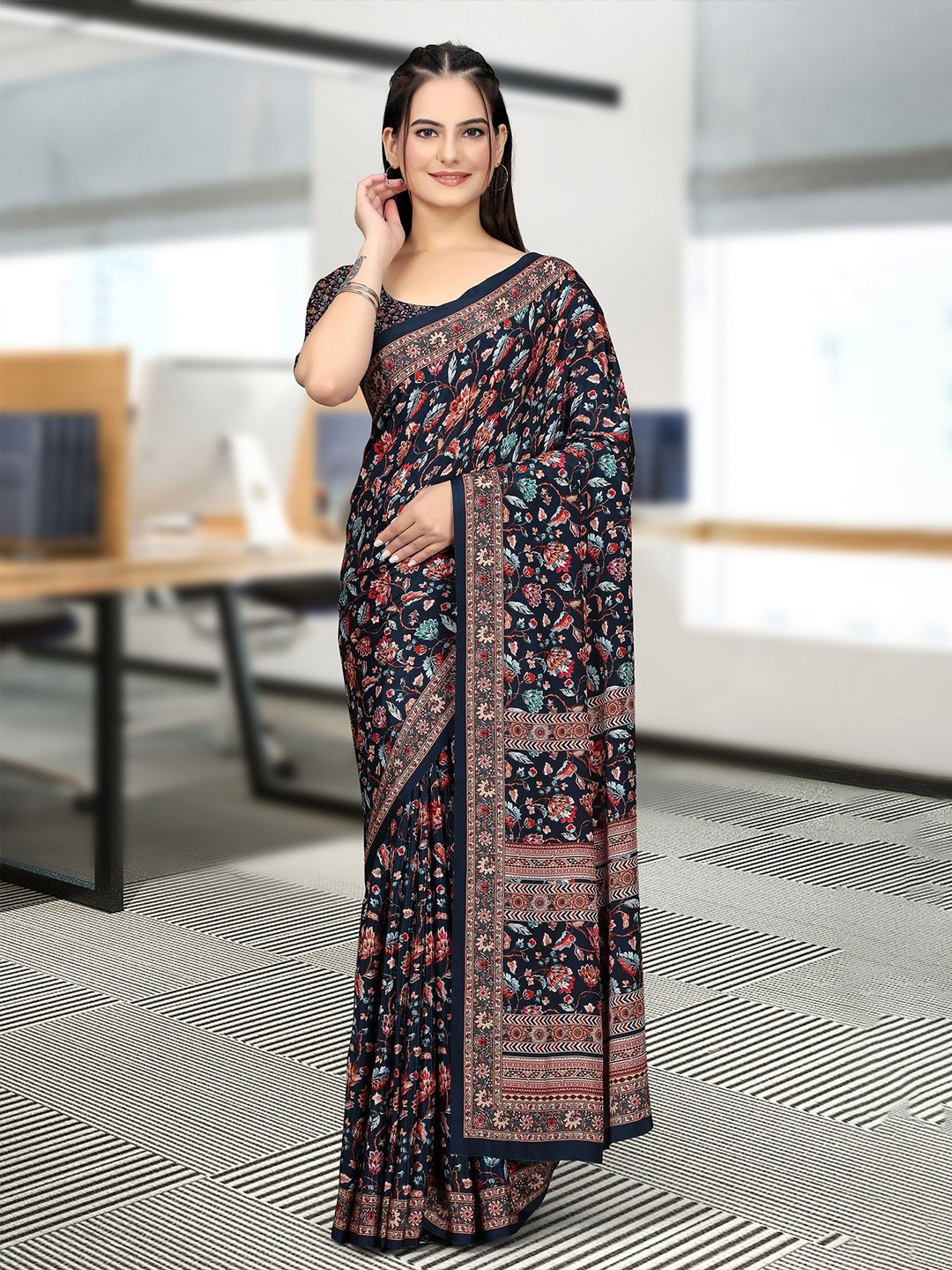 

K 5 Fashion Floral Embroidered Pure Crepe Saree, Black