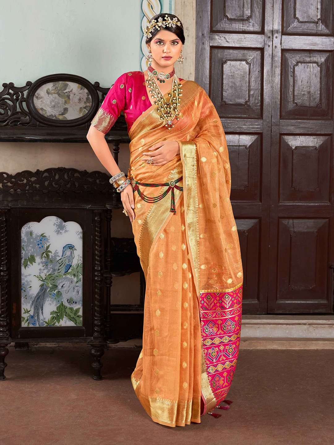

Rhey Ethnic Motifs Woven Design Zari Pure Silk Banarasi Saree, Orange