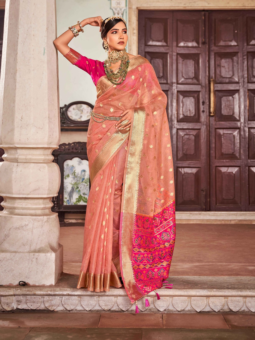 

Rhey Ethnic Motifs Zari Pure Silk Banarasi Saree, Peach