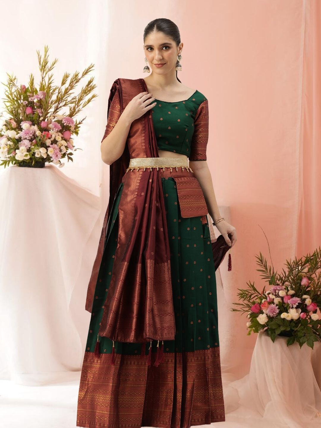 

KAZIA Woven Design Zari Work Semi-Stitched Lehenga & Unstitched Blouse With Dupatta, Green