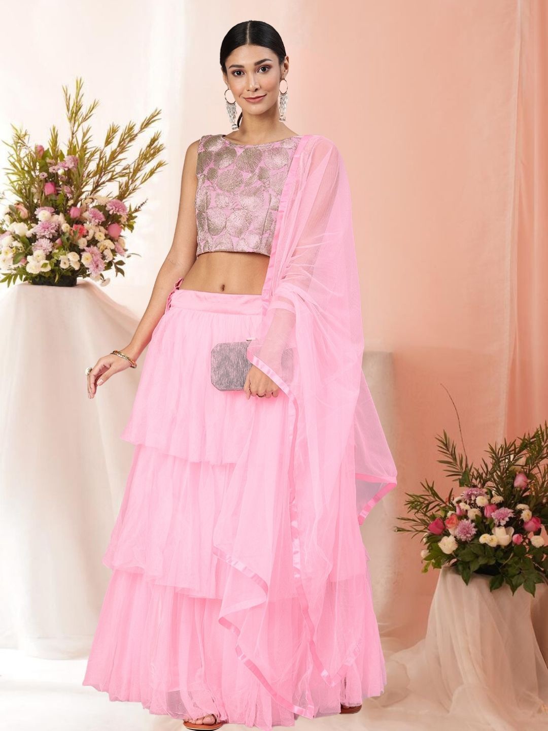 

KAZIA Printed Net Semi-Stitched Lehenga & Unstitched Blouse With Dupatta, Pink