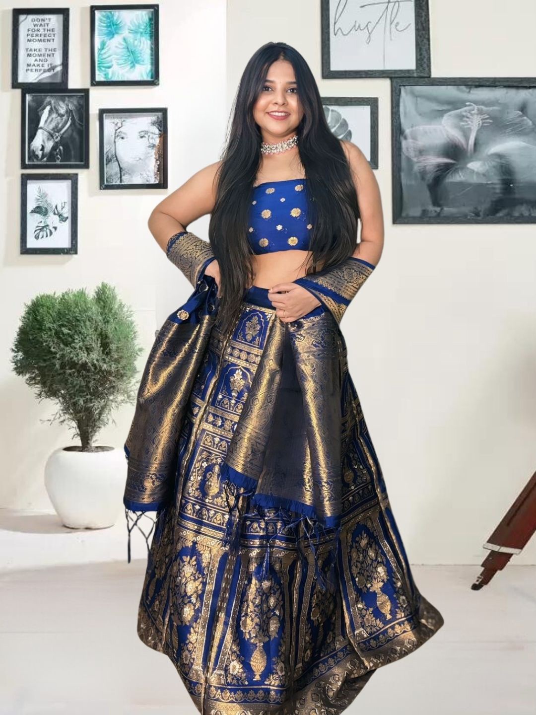 

KAZIA Woven Design Zari Work Semi-Stitched Lehenga & Unstitched Blouse With Dupatta, Navy blue