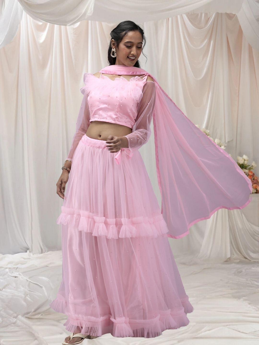 

KAZIA Embellished Beads Detail Net Semi-Stitched Lehenga & Unstitched Blouse With Dupatta, Pink