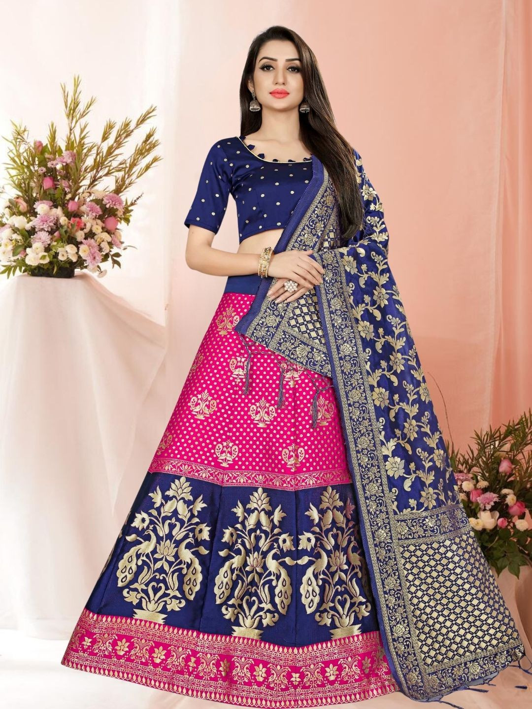 

KAZIA Woven Design Zari Work Semi-Stitched Lehenga & Unstitched Blouse With Dupatta, Pink