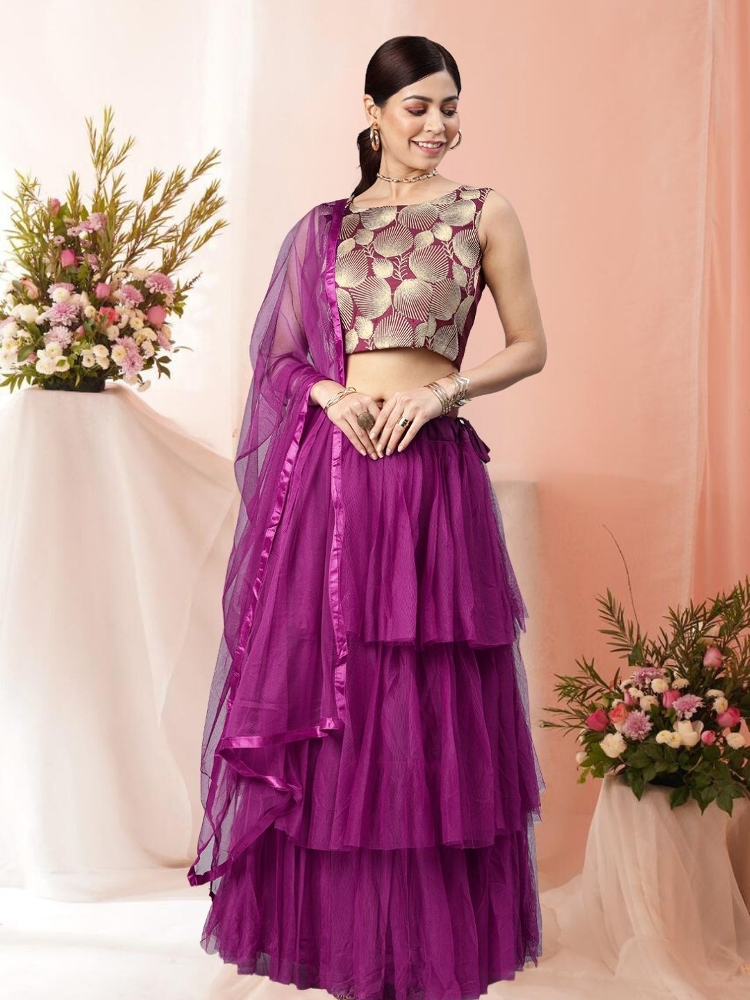 

KAZIA Printed Semi-Stitched Lehenga & Unstitched Blouse With Dupatta, Purple