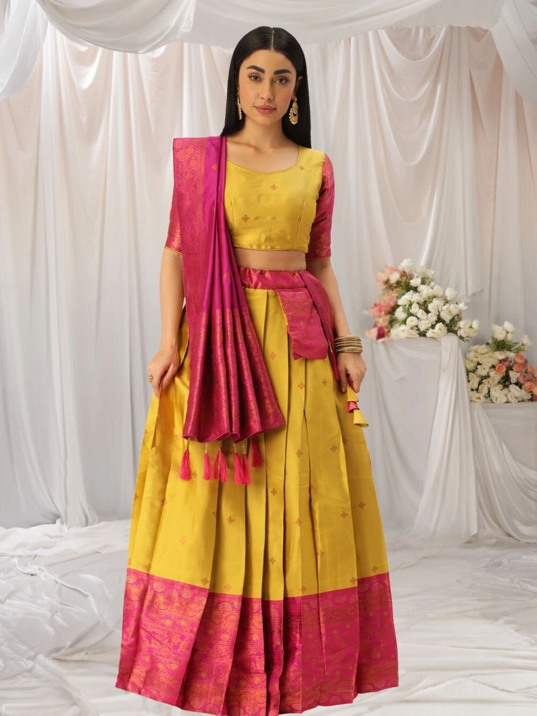 

KAZIA Self Design Semi-Stitched Lehenga & Unstitched Blouse With Dupatta, Mustard