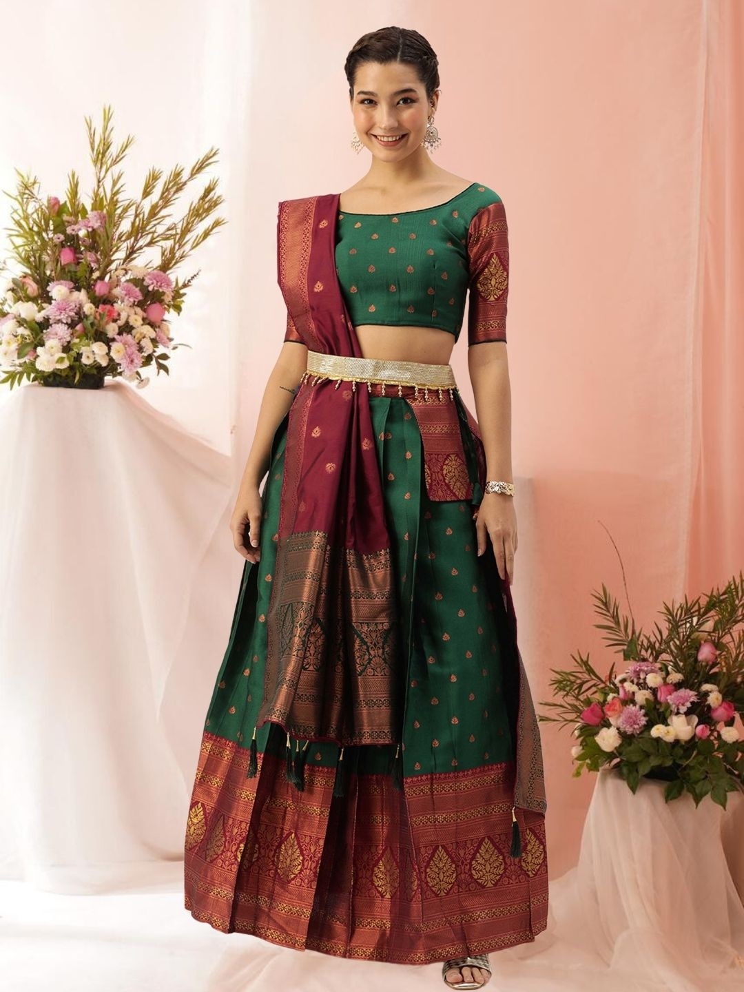 

KAZIA Floral Printed Semi-Stitched Lehenga & Unstitched Blouse With Dupatta, Green