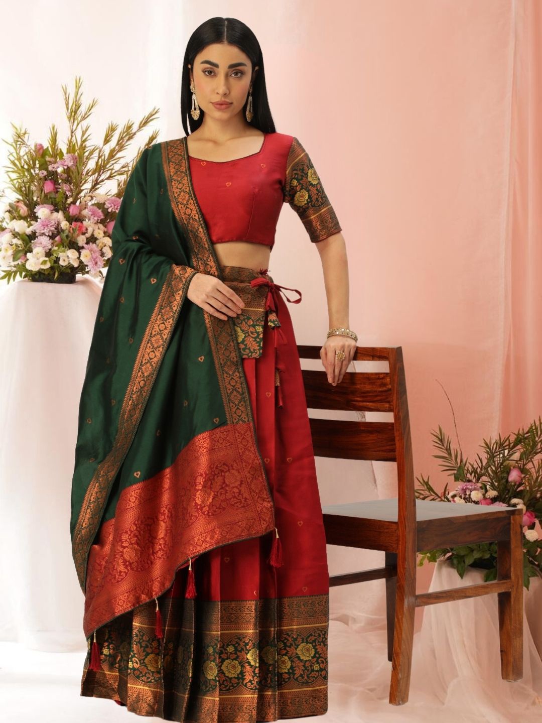 

KAZIA Floral Printed Semi-Stitched Lehenga & Unstitched Blouse With Dupatta, Maroon