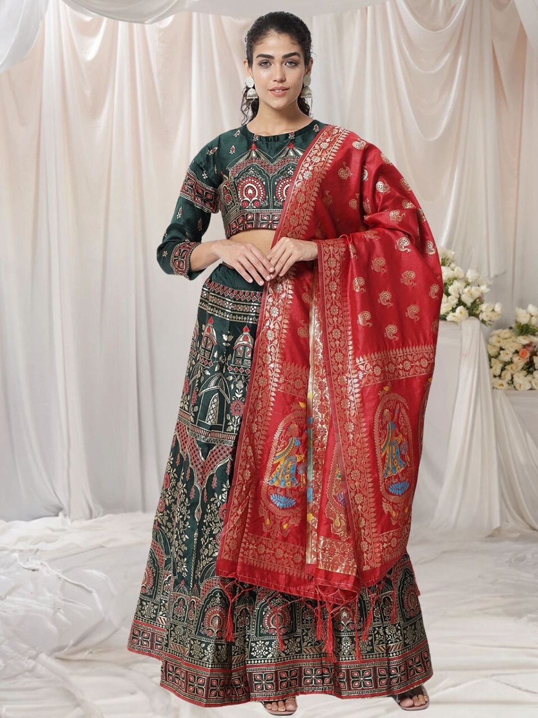 

KAZIA Floral Printed Semi-Stitched Lehenga & Unstitched Blouse With Dupatta, Green