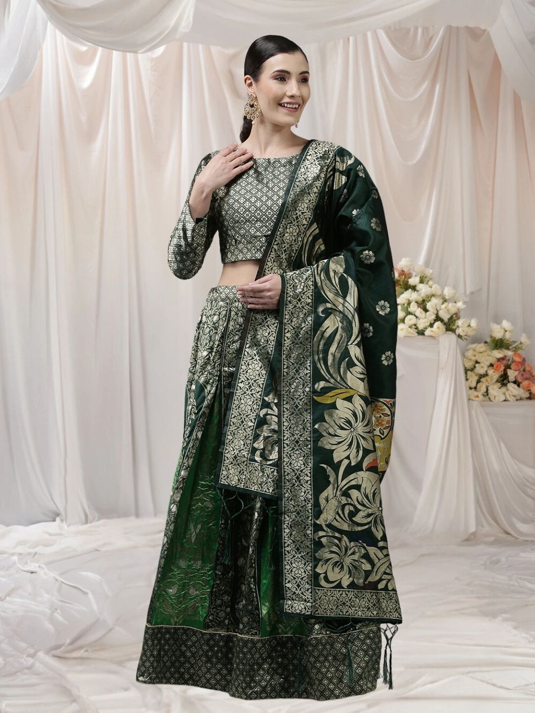 

KAZIA Floral Printed Semi-Stitched Lehenga & Unstitched Blouse With Dupatta, Green
