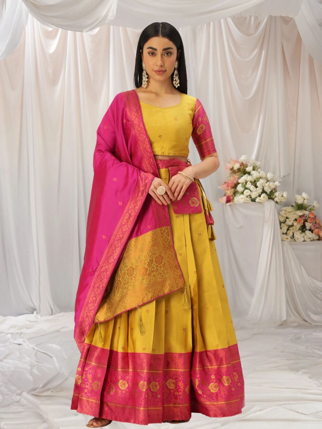 

KAZIA Floral Printed Semi-Stitched Lehenga & Unstitched Blouse With Dupatta, Yellow