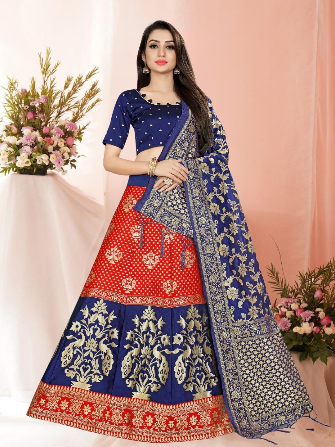 

KAZIA Floral Printed Semi-Stitched Lehenga & Unstitched Blouse With Dupatta, Red