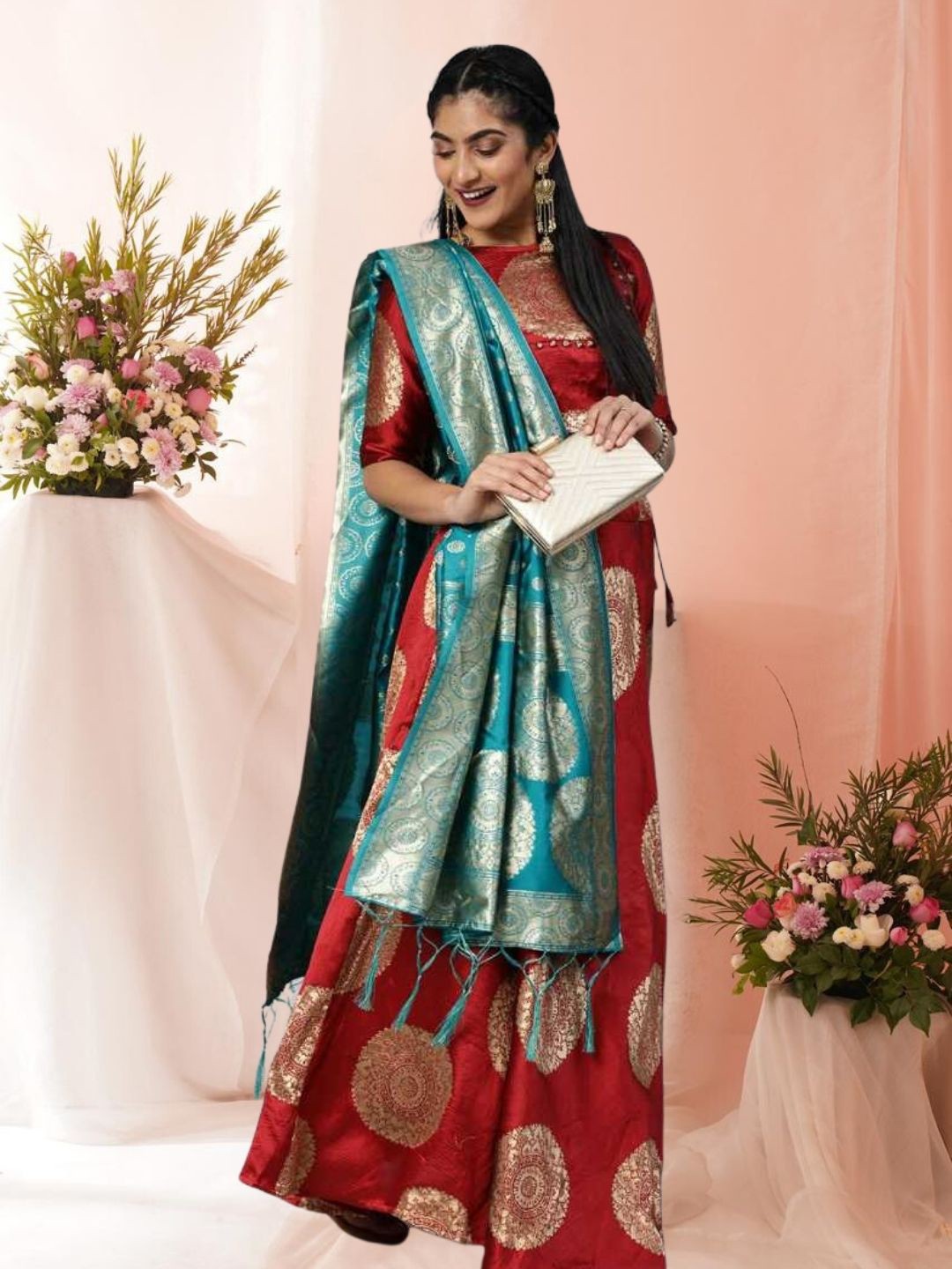 

KAZIA Woven Design Semi-Stitched Lehenga & Unstitched Blouse With Dupatta, Red