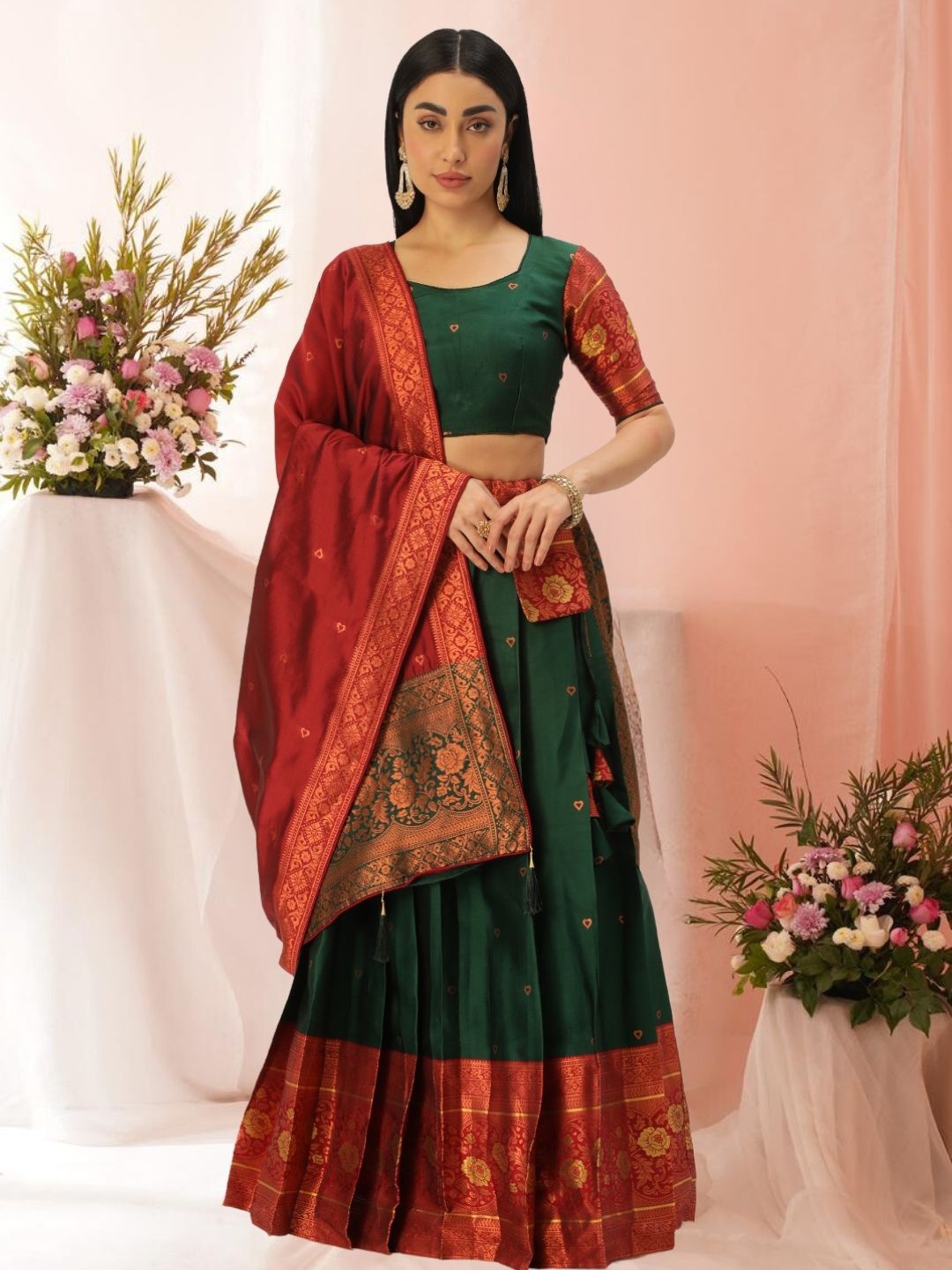 

KAZIA Self Design Semi-Stitched Lehenga & Unstitched Blouse With Dupatta, Green