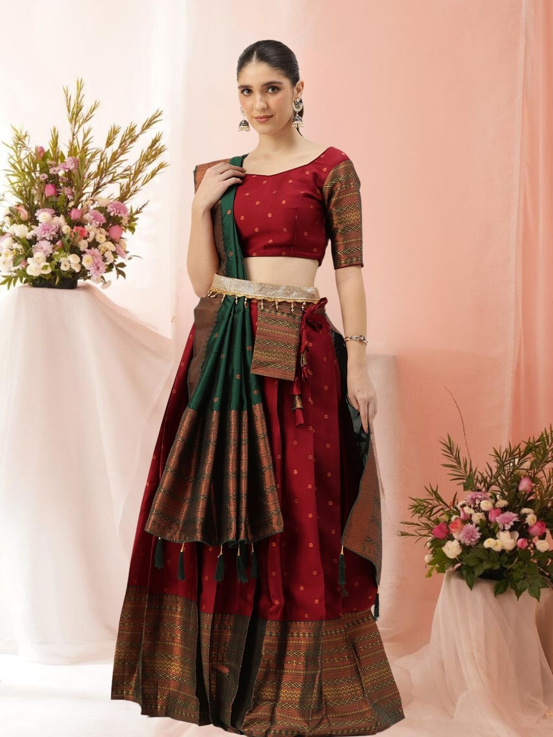 

KAZIA Self Design Semi-Stitched Lehenga & Unstitched Blouse With Dupatta, Maroon