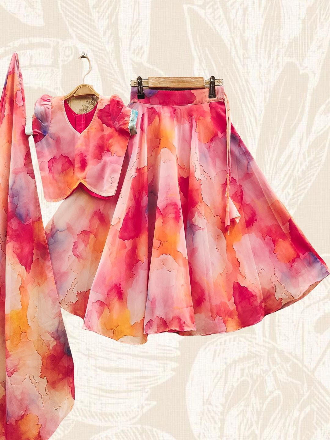 

BAESD Girls Printed Tie and Dye Ready to Wear Lehenga & Blouse With Dupatta, Pink