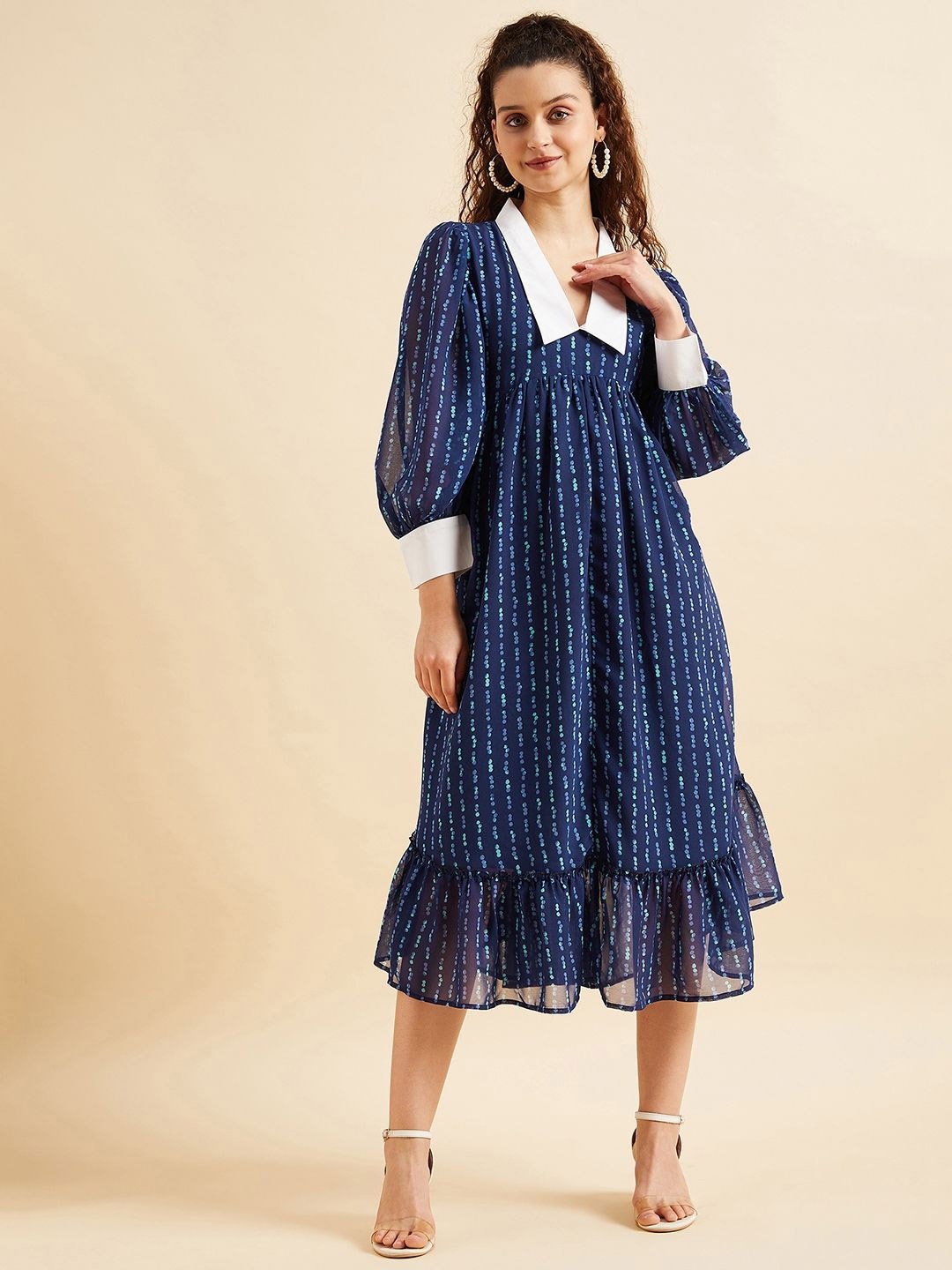 

PANIT Printed Puff Sleeve Georgette A-Line Midi Dress, Blue