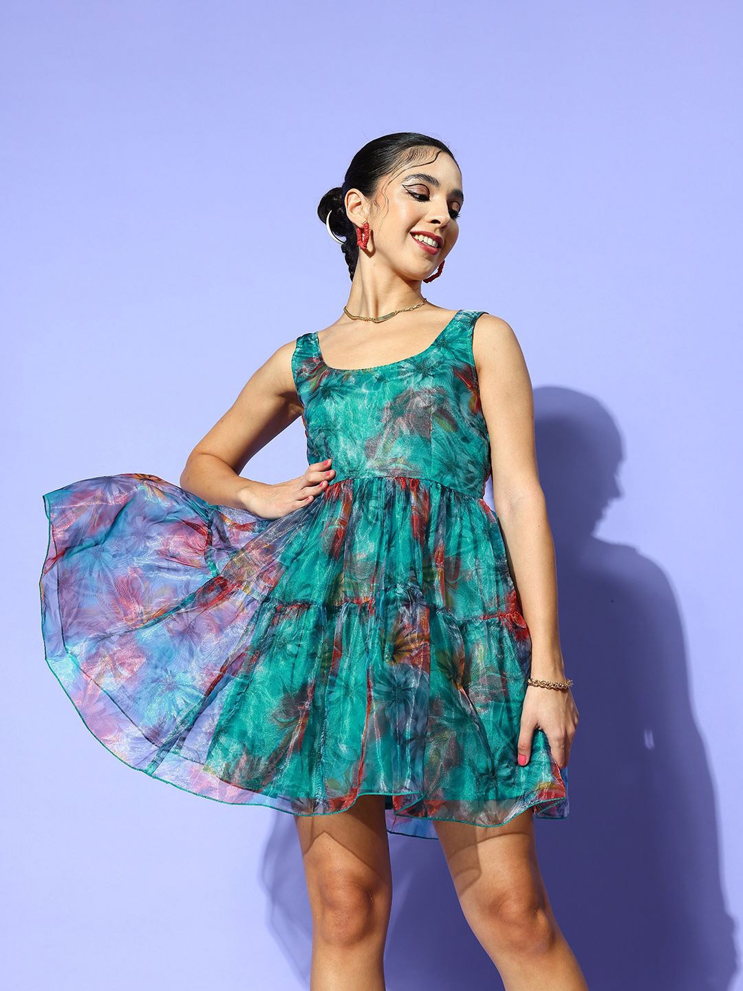 

PANIT Printed Tiered Fit and Flare Dress, Sea green
