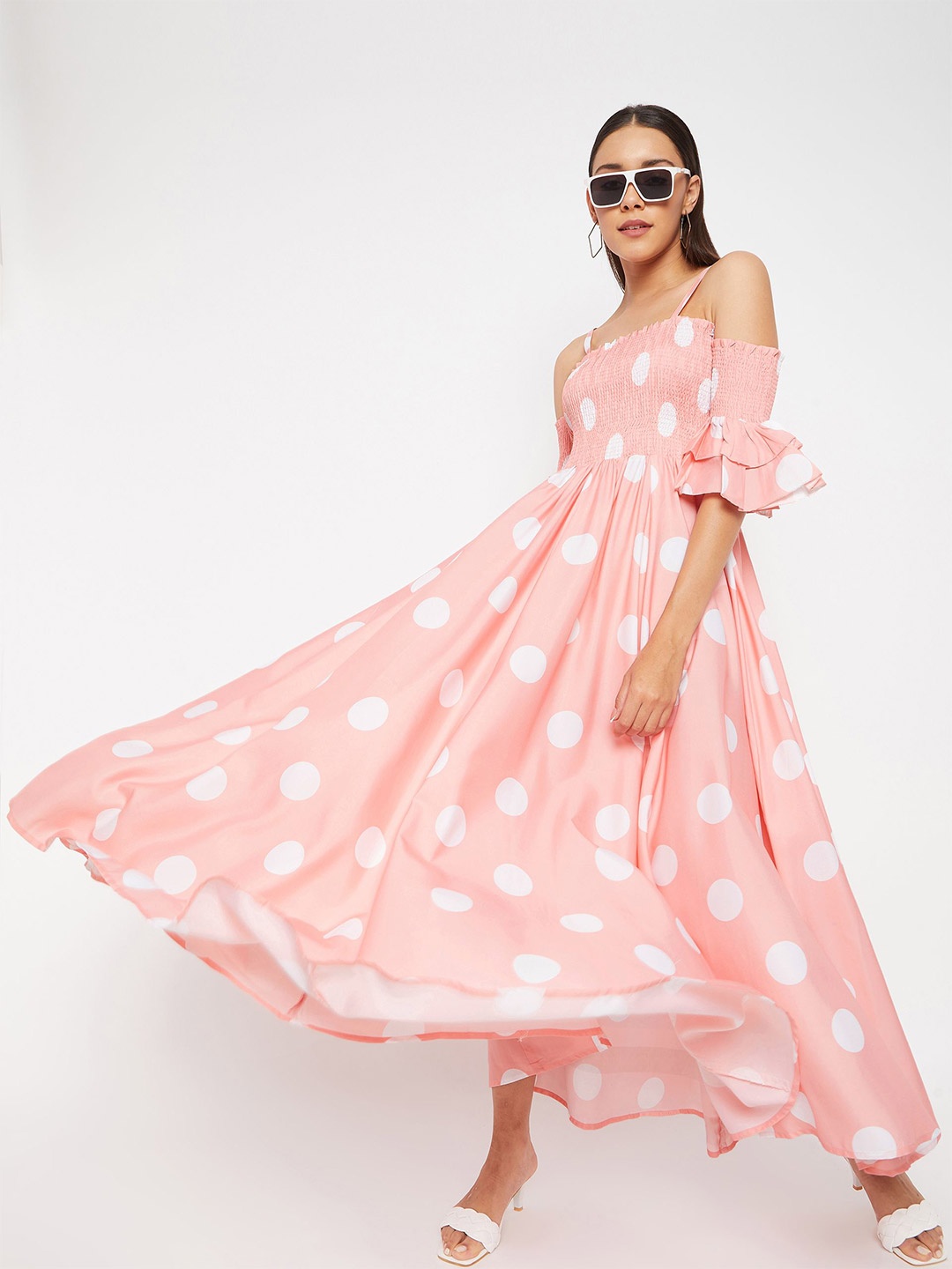 

PANIT Polka Dot Printed Bell Sleeve Maxi Dress, Pink