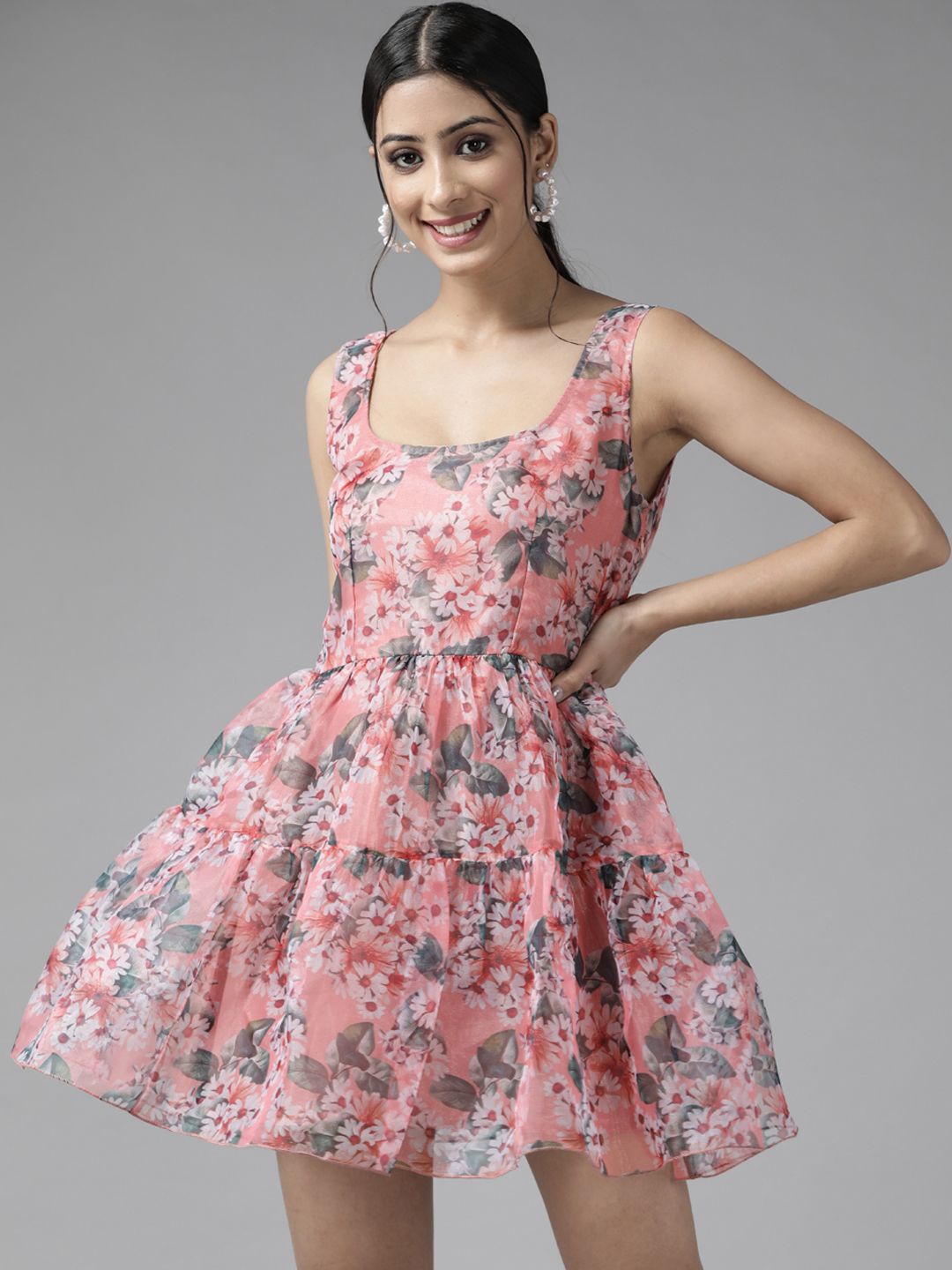 

PANIT Women Floral Print Fit & Flare Dress, Peach