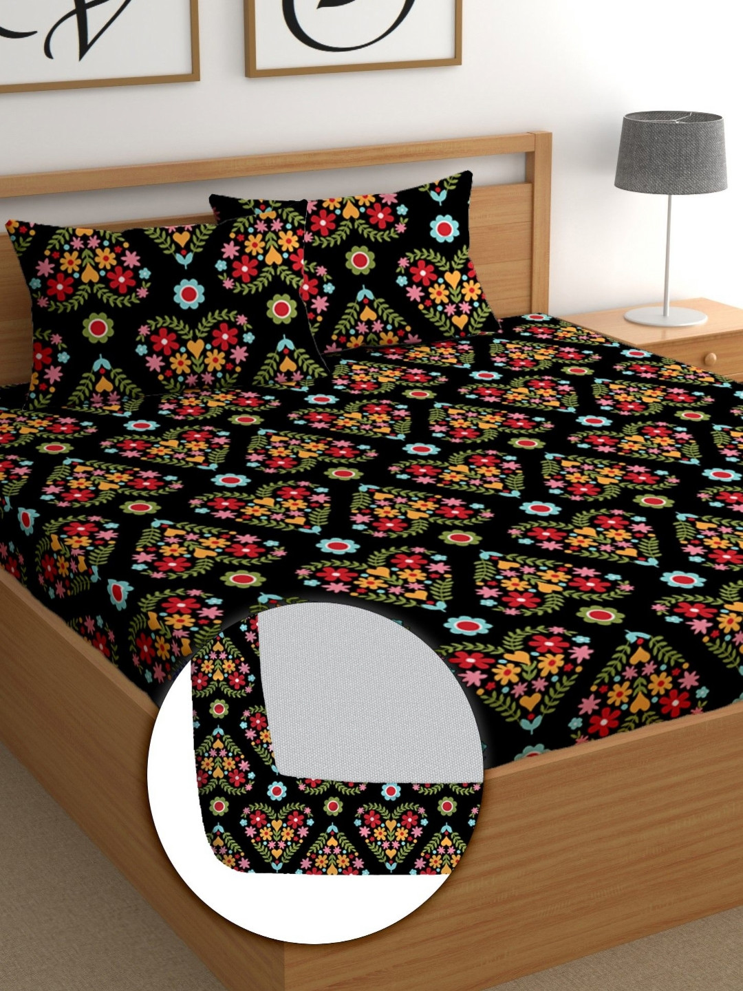 

CG HOMES Black & Pink Floral Microfiber 210 TC Fitted Queen Bedsheet Set-1.83 m X 1.83 m