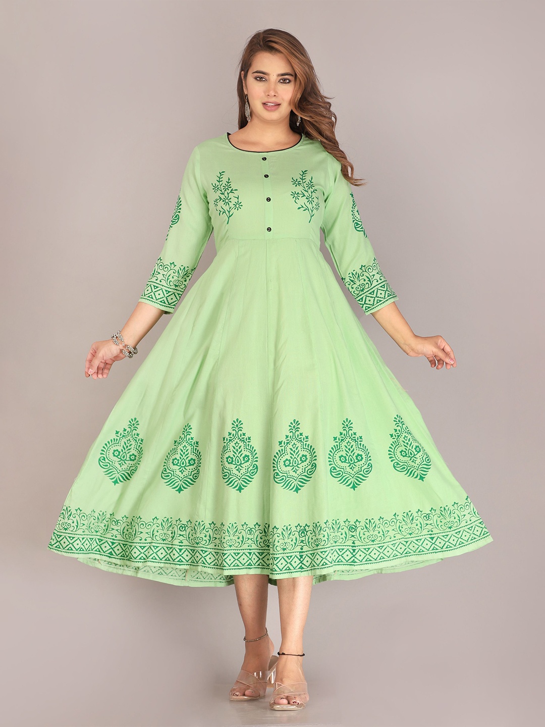 

PRIYAGANI GARMENTS Women Printed Fit And Flare Ethnic Dresses, Green