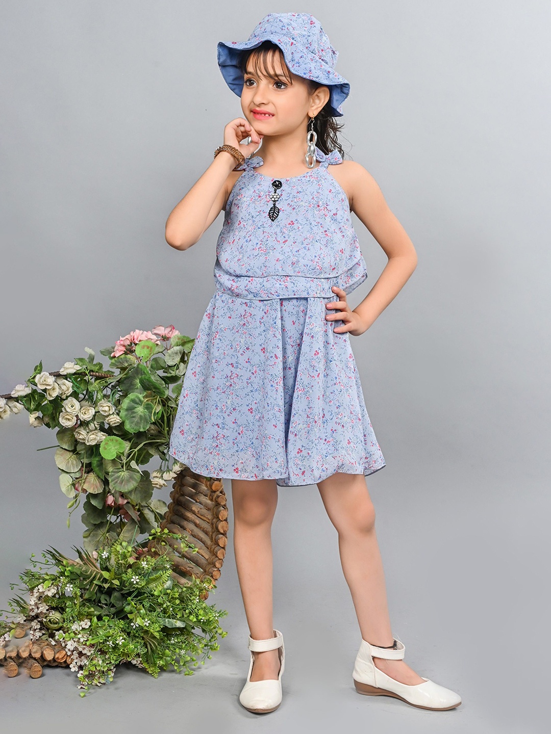 

BAESD Girls Printed Square Neck Fit And Flare Dresses, Grey