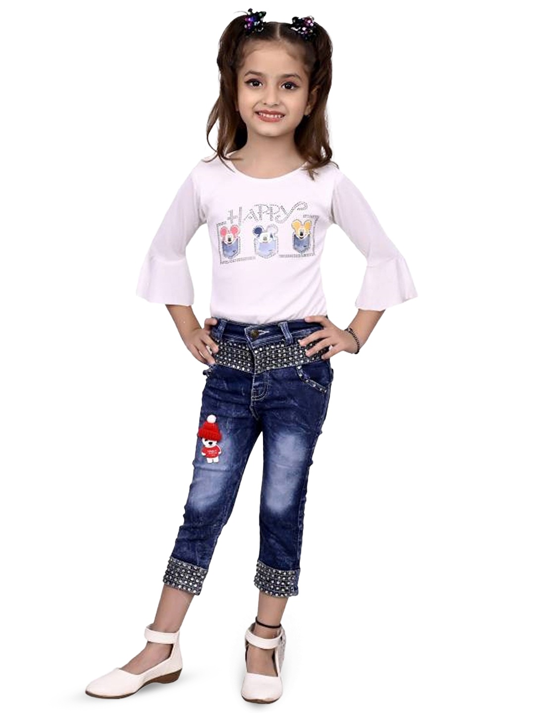 

BAESD Girls Printed Round Neck Top with Jeans, White