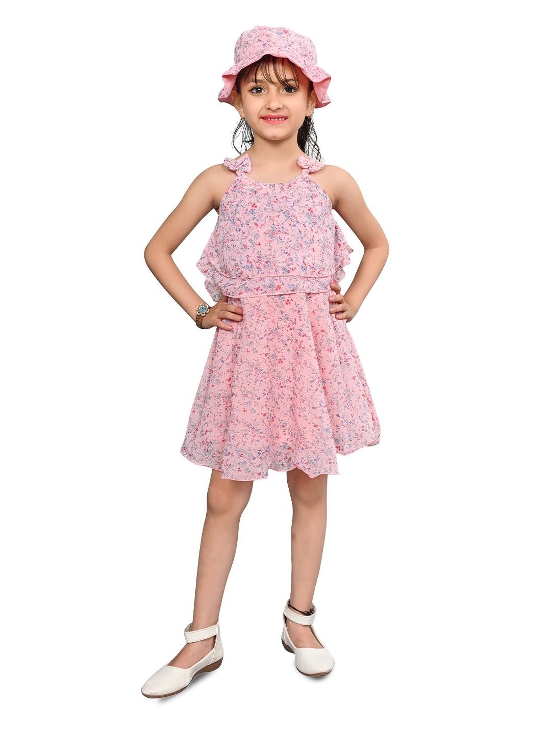 

BAESD Girls Printed Square Neck Fit And Flare Dresses, Pink