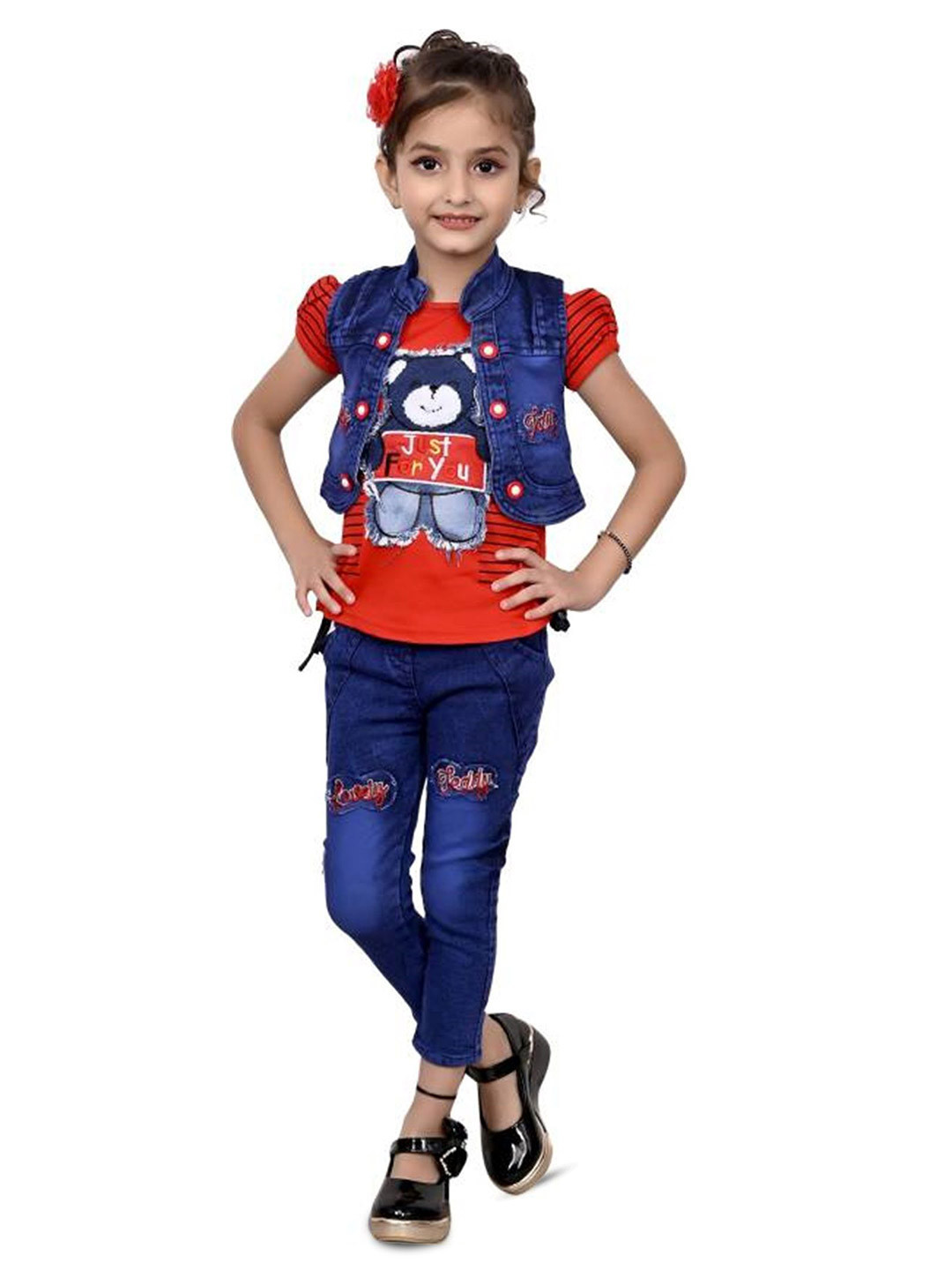 

BAESD Girls Printed Round Neck T-shirt With Jeans And Waistcoat, Red