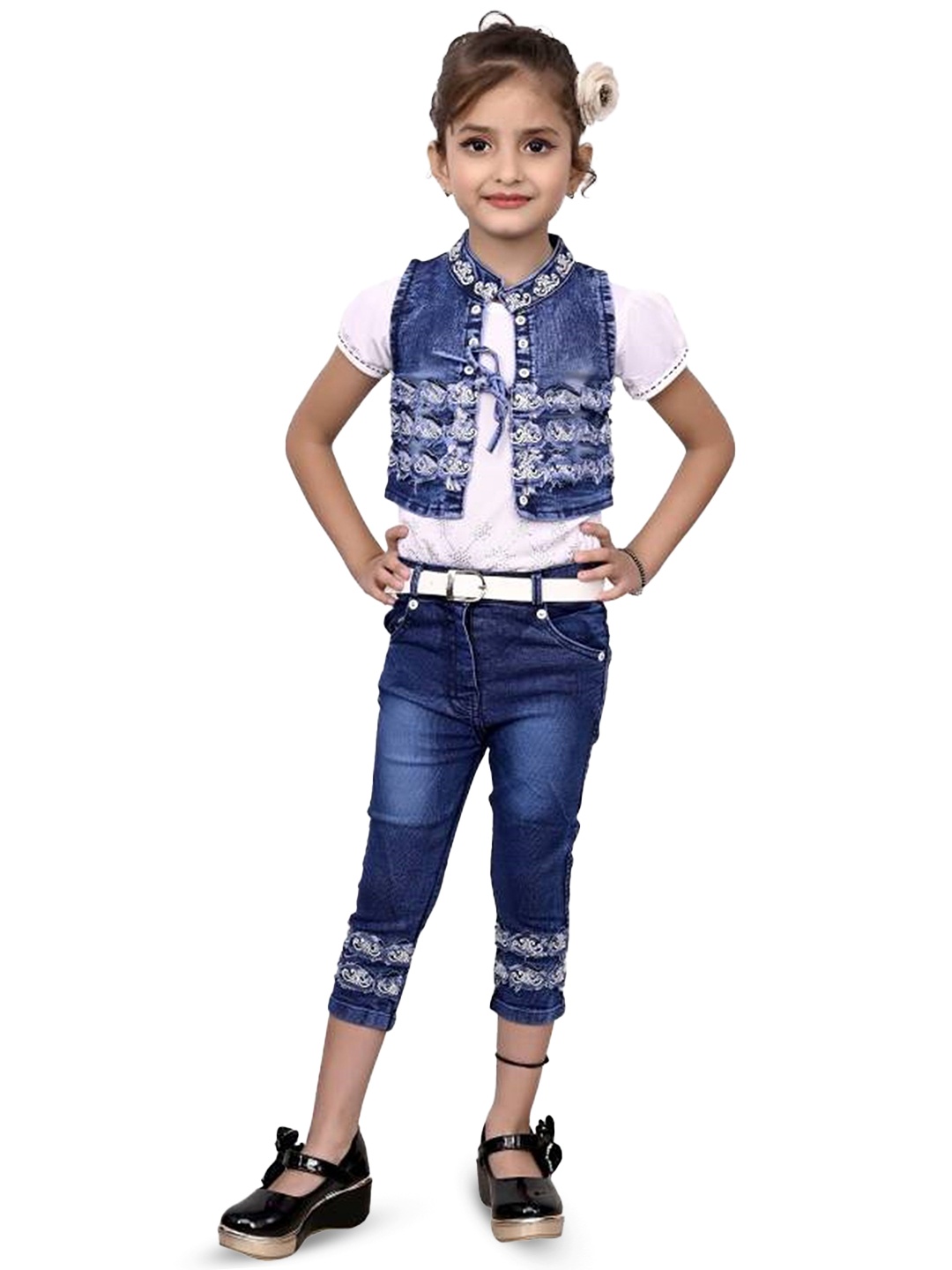 

BAESD Girls Printed Round Neck Top with Trousers And Waistcoat, White