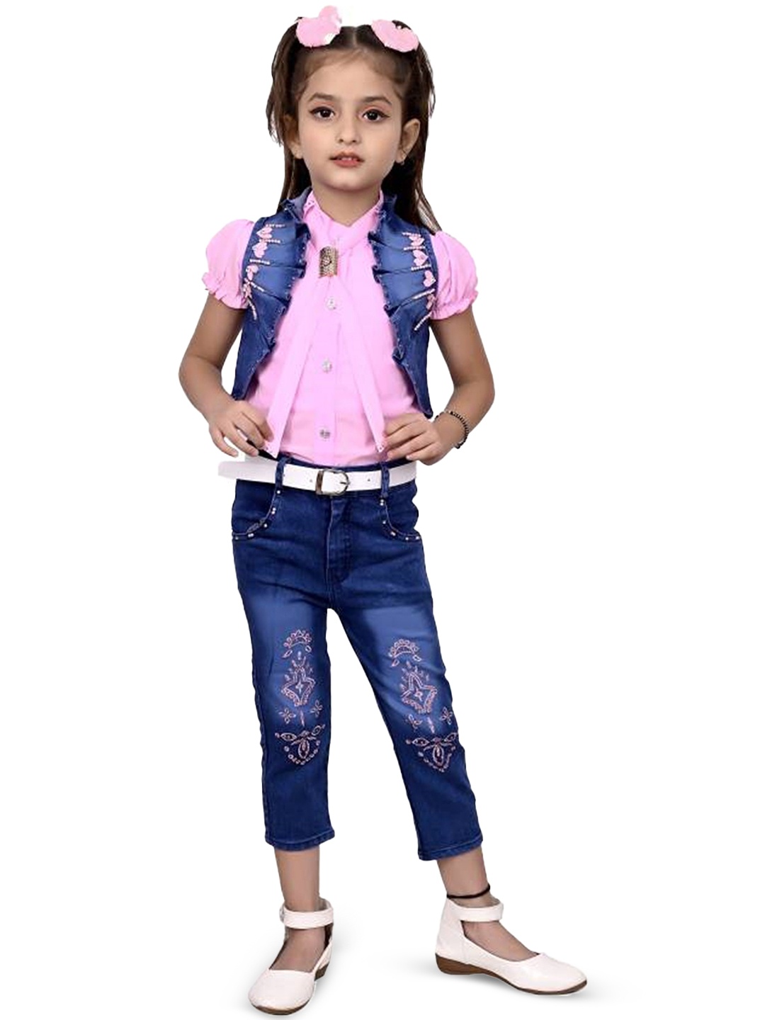 

BAESD Girls Printed Round Neck Top with Jeans And Waistcoat, Pink
