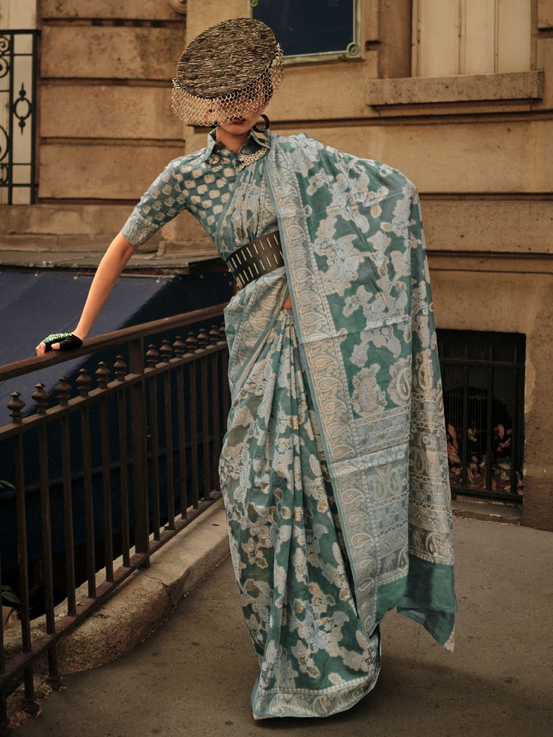 

ODETTE Green Organza Woven Saree With Unstitched Blouse For Women