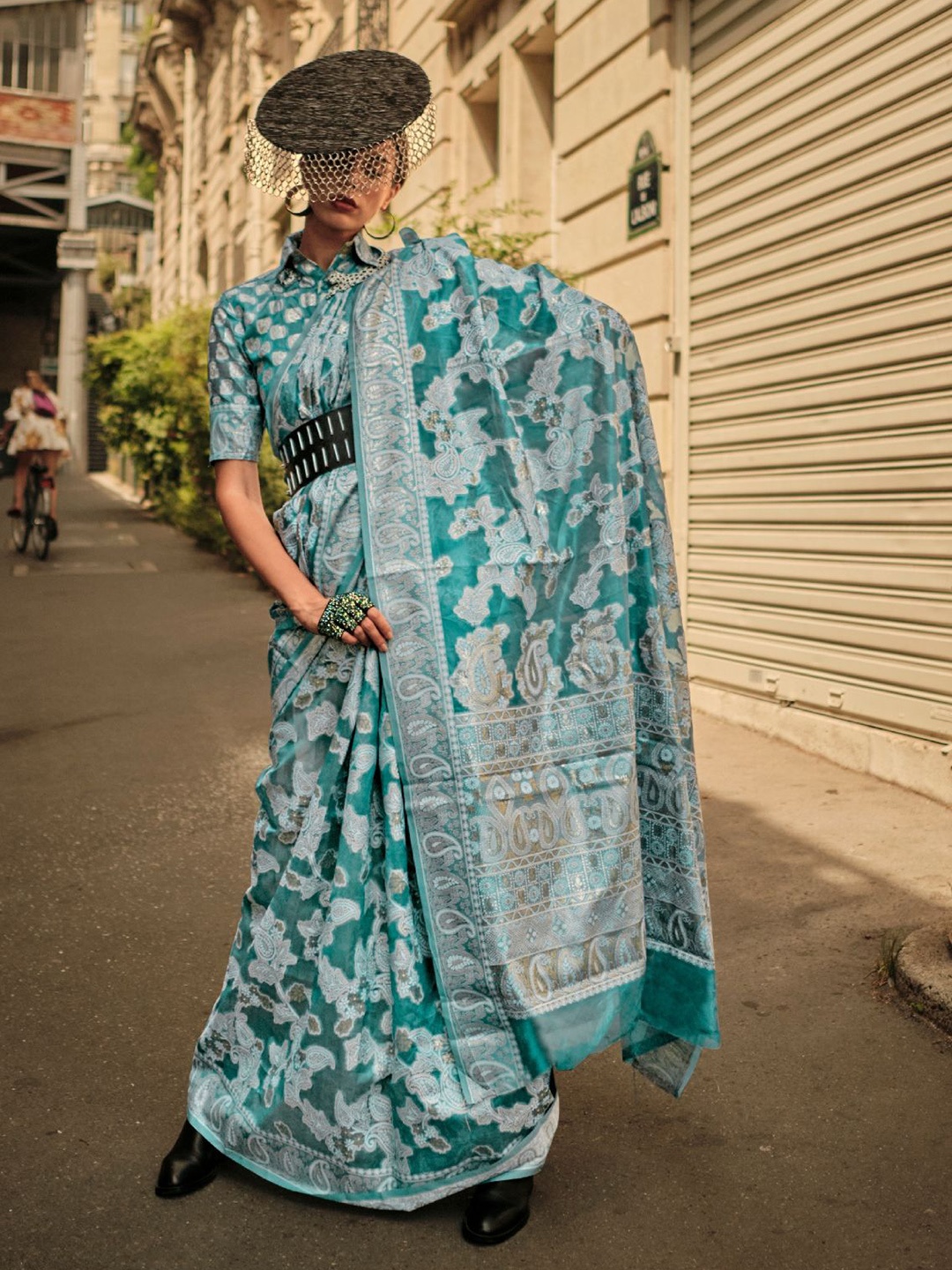 

ODETTE Green Organza Woven Saree With Unstitched Blouse For Women