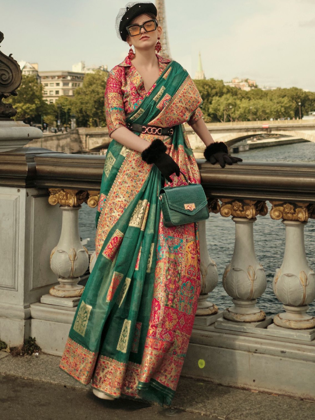 

Odette Green Modal Woven Saree With Unstitched Blouse For Women