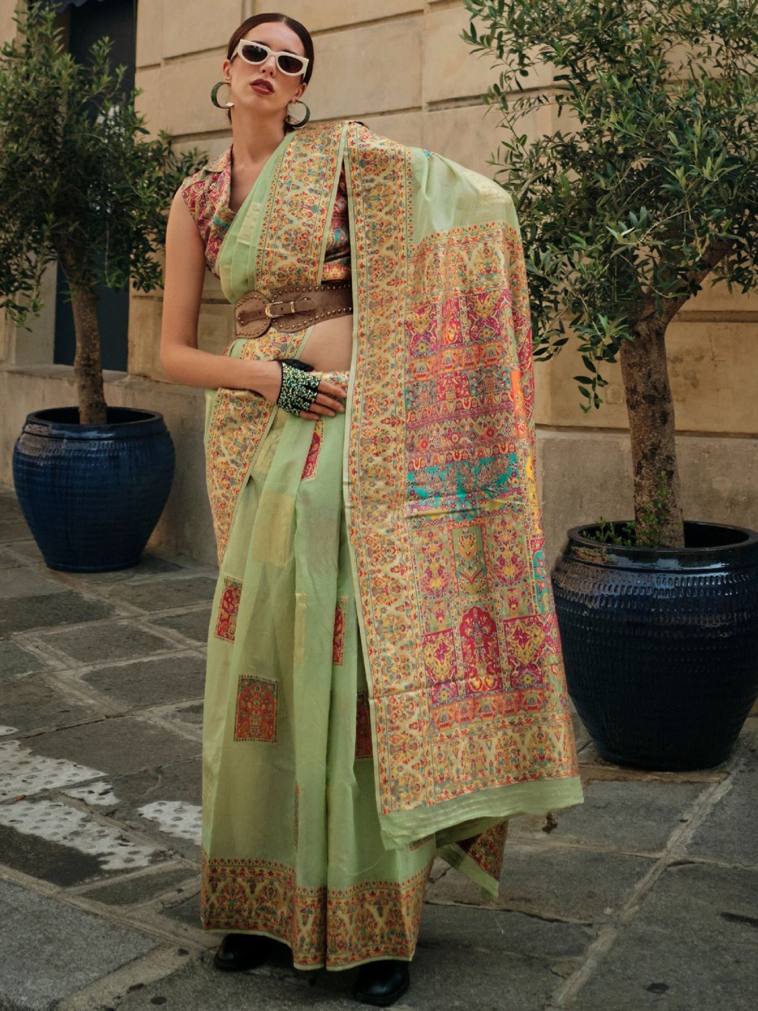 

ODETTE Green Modal Woven Saree With Unstitched Blouse