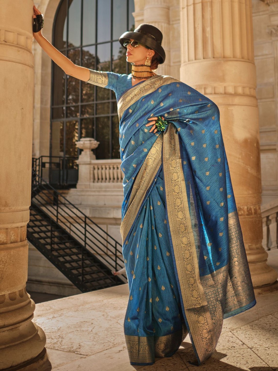 

ODETTE Blue Silk Blend Woven Saree With Unstitched Blouse For Women