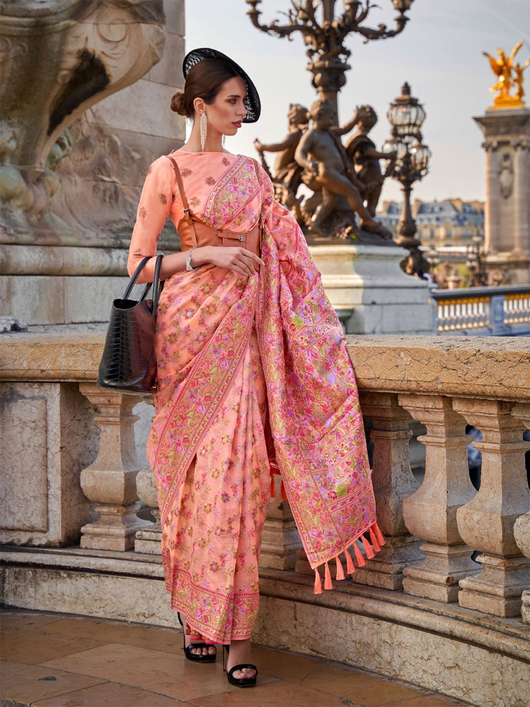 

ODETTE Organza Woven Saree With Unstitched Blouse For Women, Peach