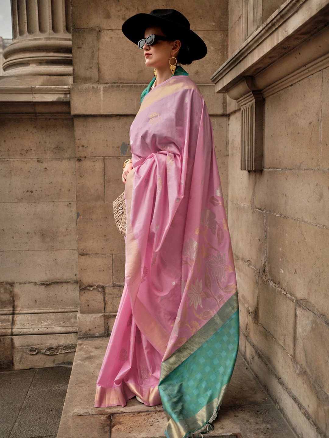

ODETTE Pink Soft Silk Woven Saree With Unstitched Blouse For Women