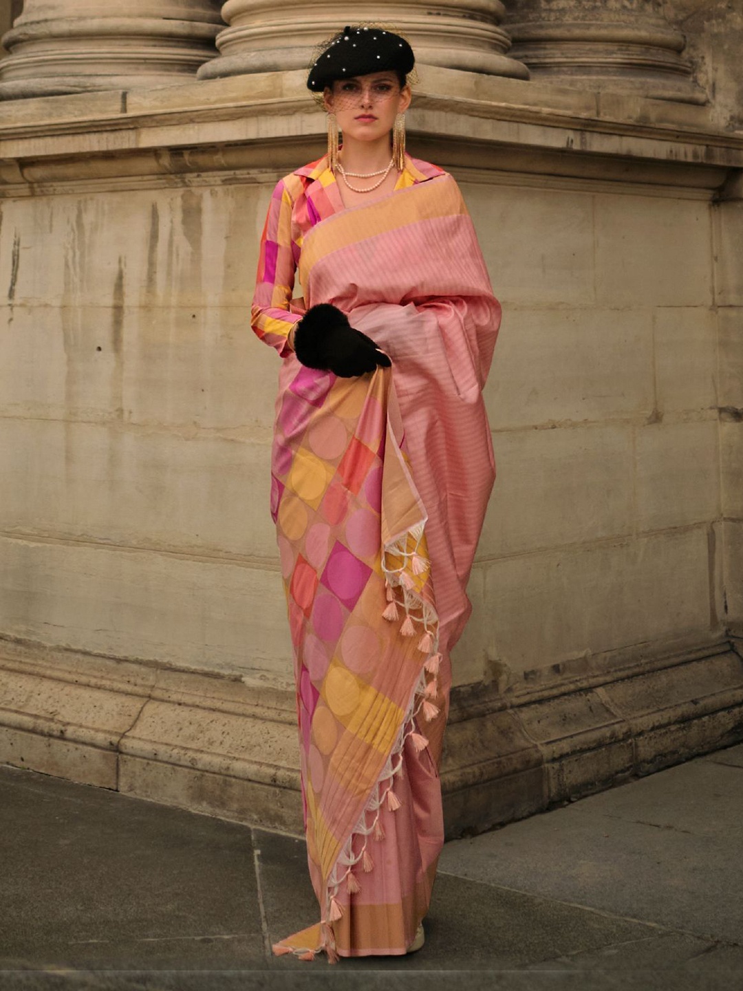

ODETTE Peach Soft Silk Woven Saree With Unstitched Blouse For Women
