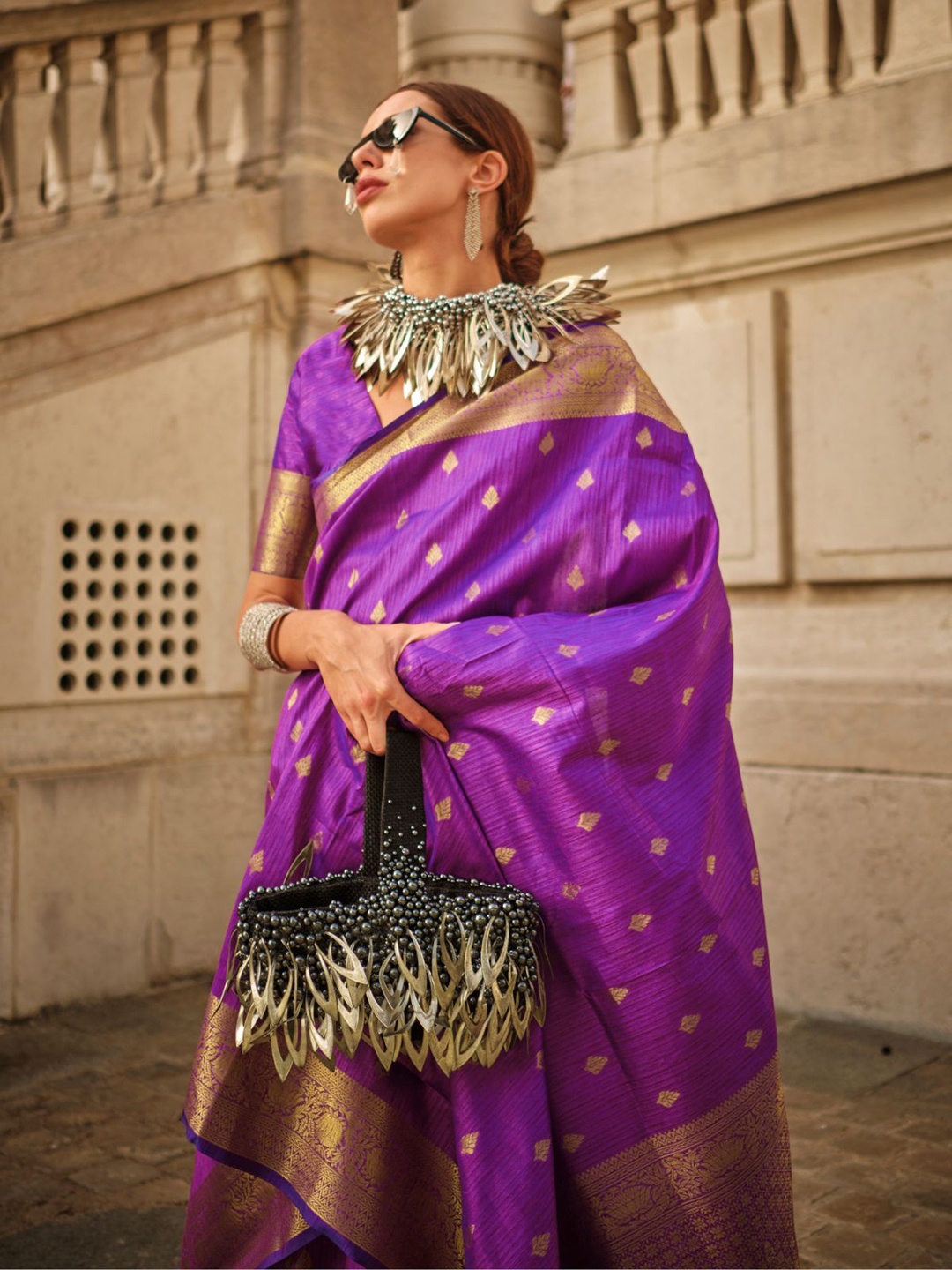 

ODETTE Woven Design Purple Silk Blend Woven Saree With Unstitched Blouse Saree