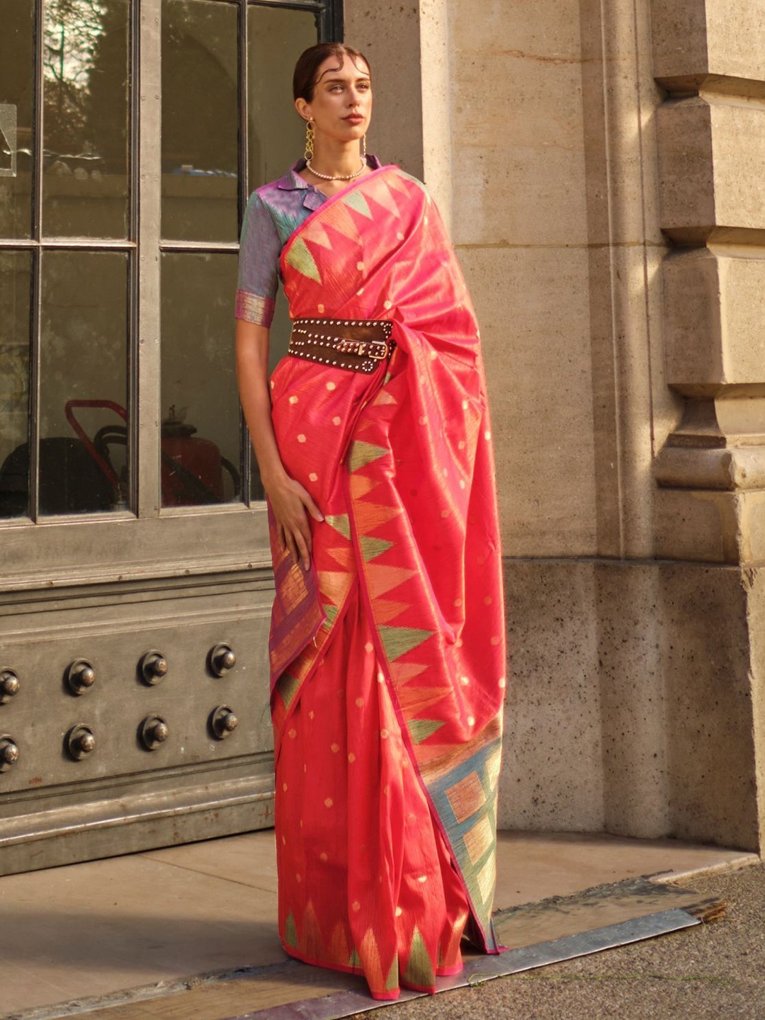 

ODETTE Red Silk Blend Woven Saree With Unstitched Blouse For Women