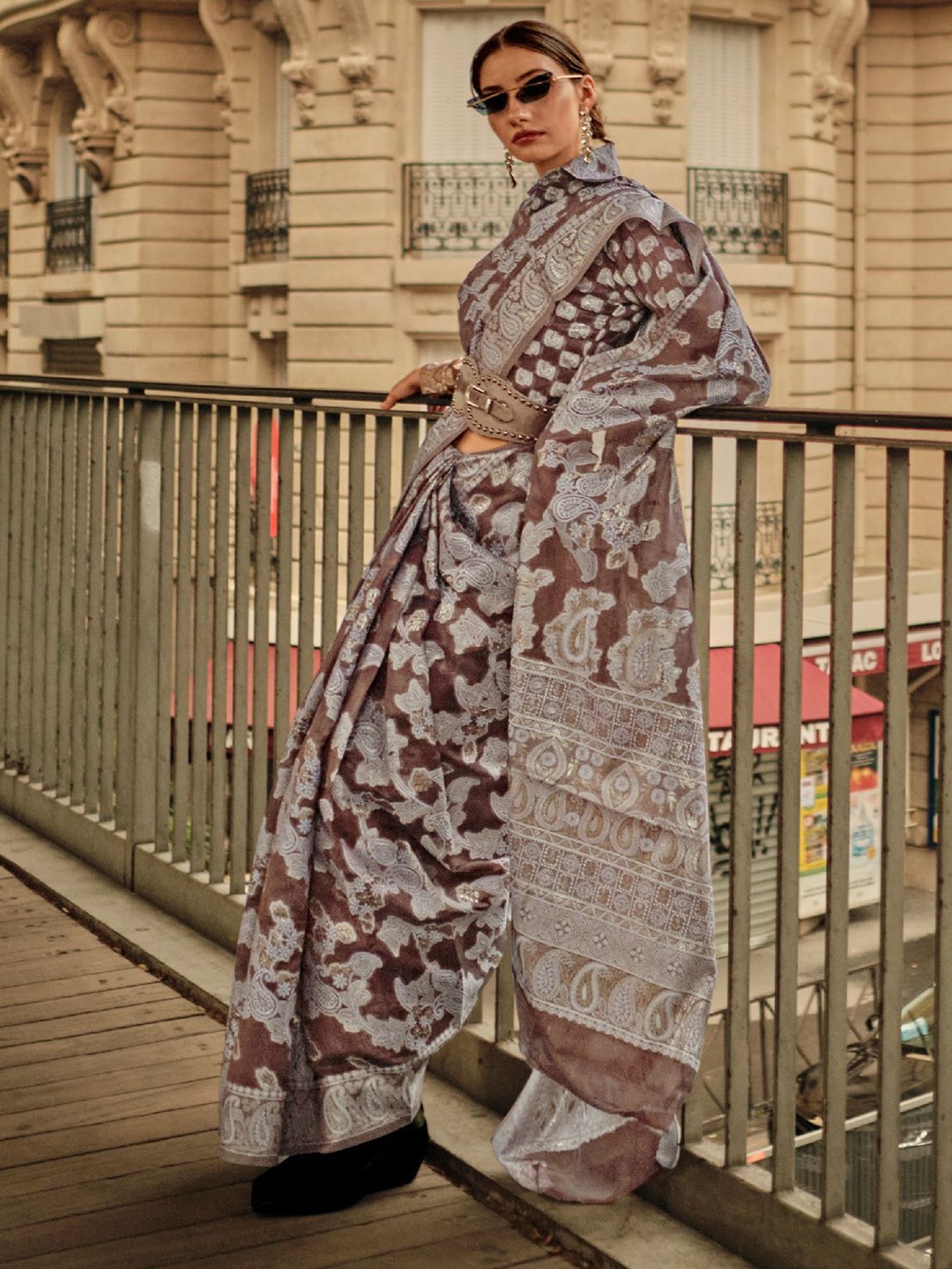 

ODETTE Brown Organza Woven Saree With Unstitched Blouse For Women
