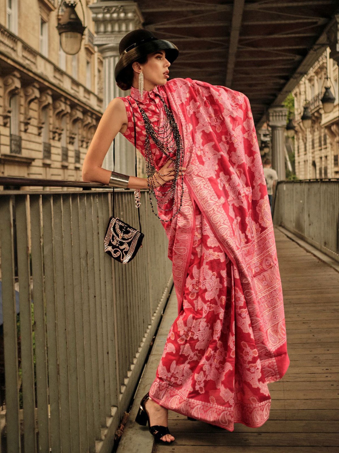 

ODETTE Red Organza Woven Saree With Unstitched Blouse For Women