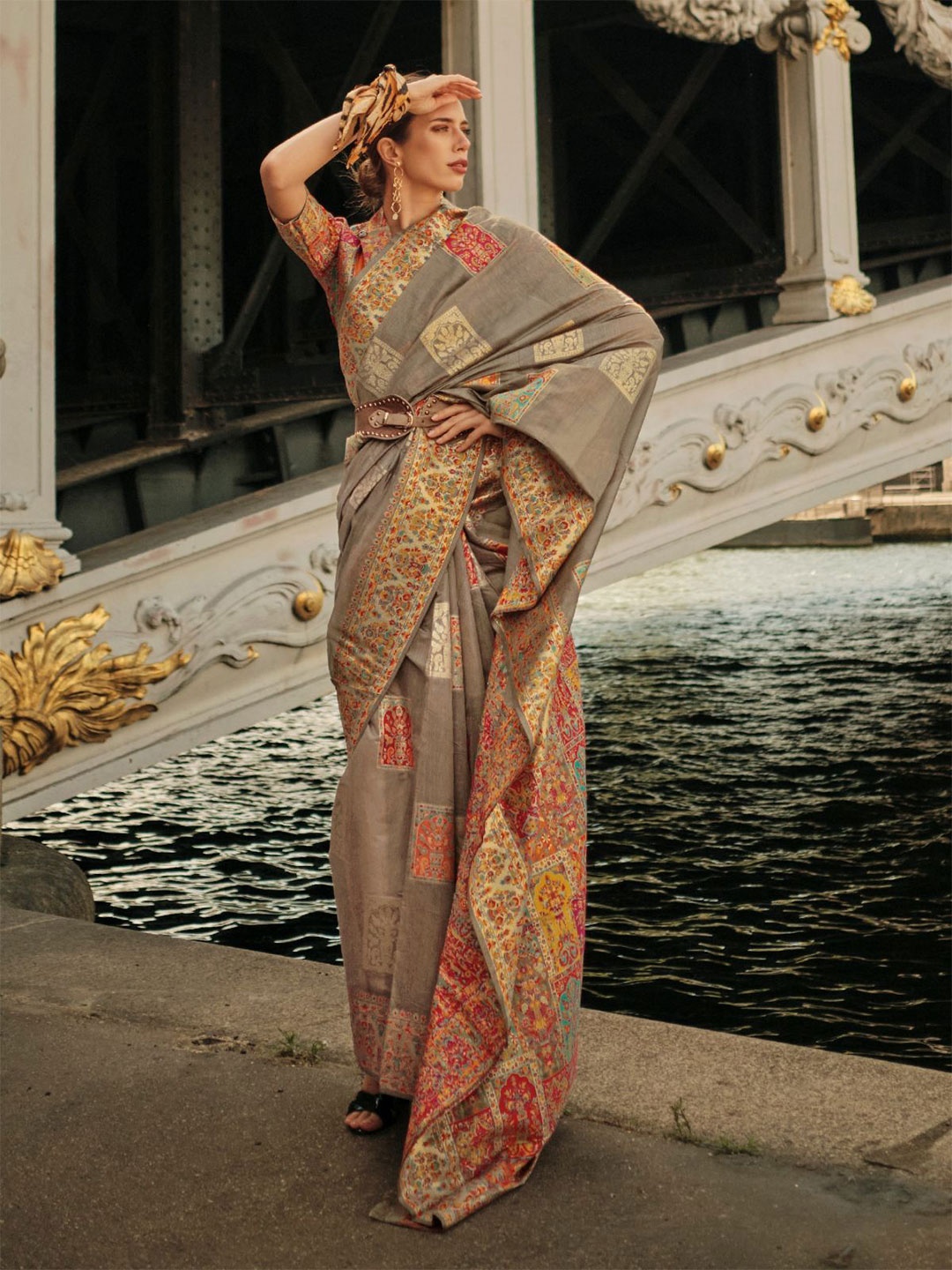 

ODETTE Olive Modal Woven Saree With Unstitched Blouse For Women