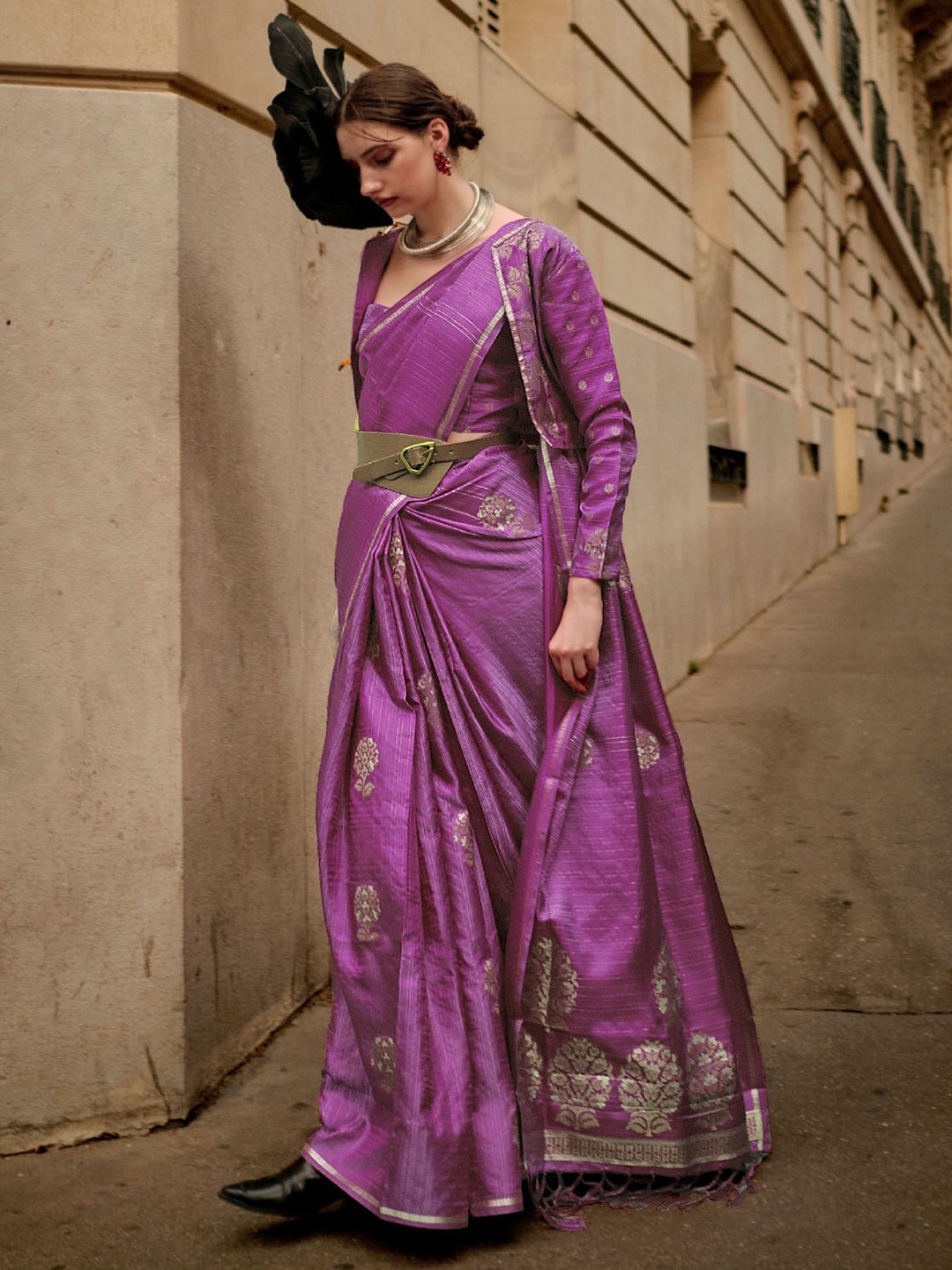 

Odette Pink Satin Woven Saree With Unstitched Blouse For Women