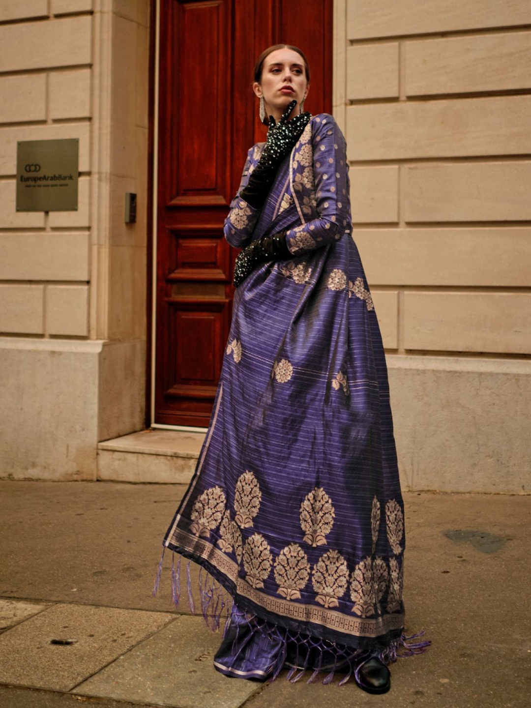 

ODETTE Satin Woven Saree With Unstitched Blouse For Women, Navy blue